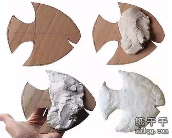 橡皮泥 橡皮泥模板鱼手工制作教程 硬纸板,笔,黏土 1,在纸板上画出鱼